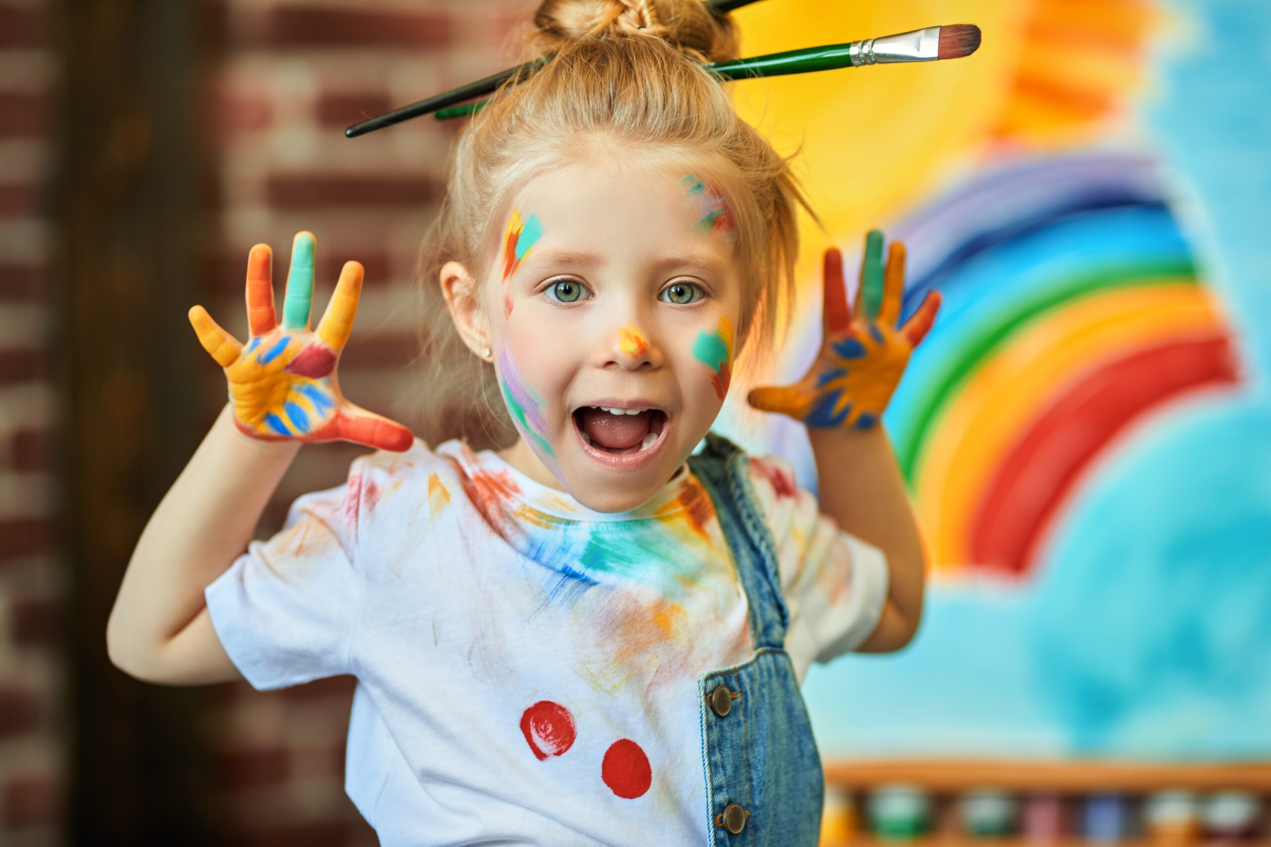 Happy,Childhood.,Close-up,Of,A,Funny,Little,Girl,,Stained,With